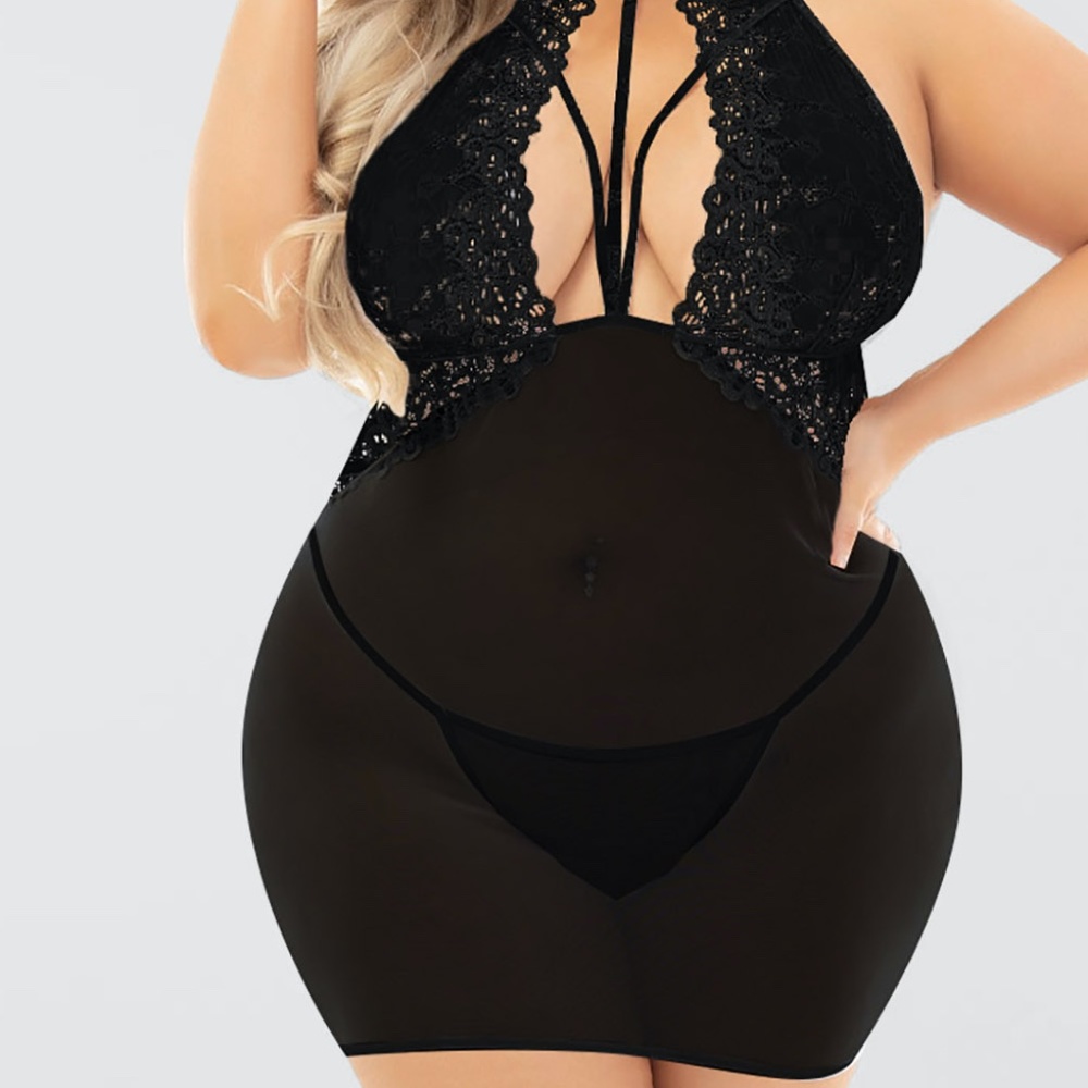 Brand Plus Size Halter Backless Mesh Lace Splicing Babydoll Set  (2pc)
